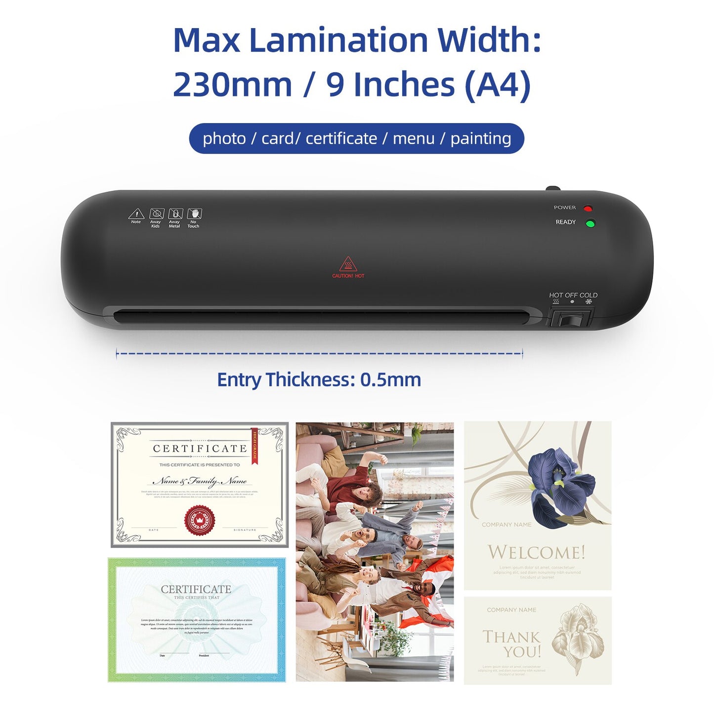 A4 230mm Desktop Laminator Set Hot and Cold Lamination 2 Roller System 9 inches Max Width with Paper Cutter Trimmer Rounder Hole