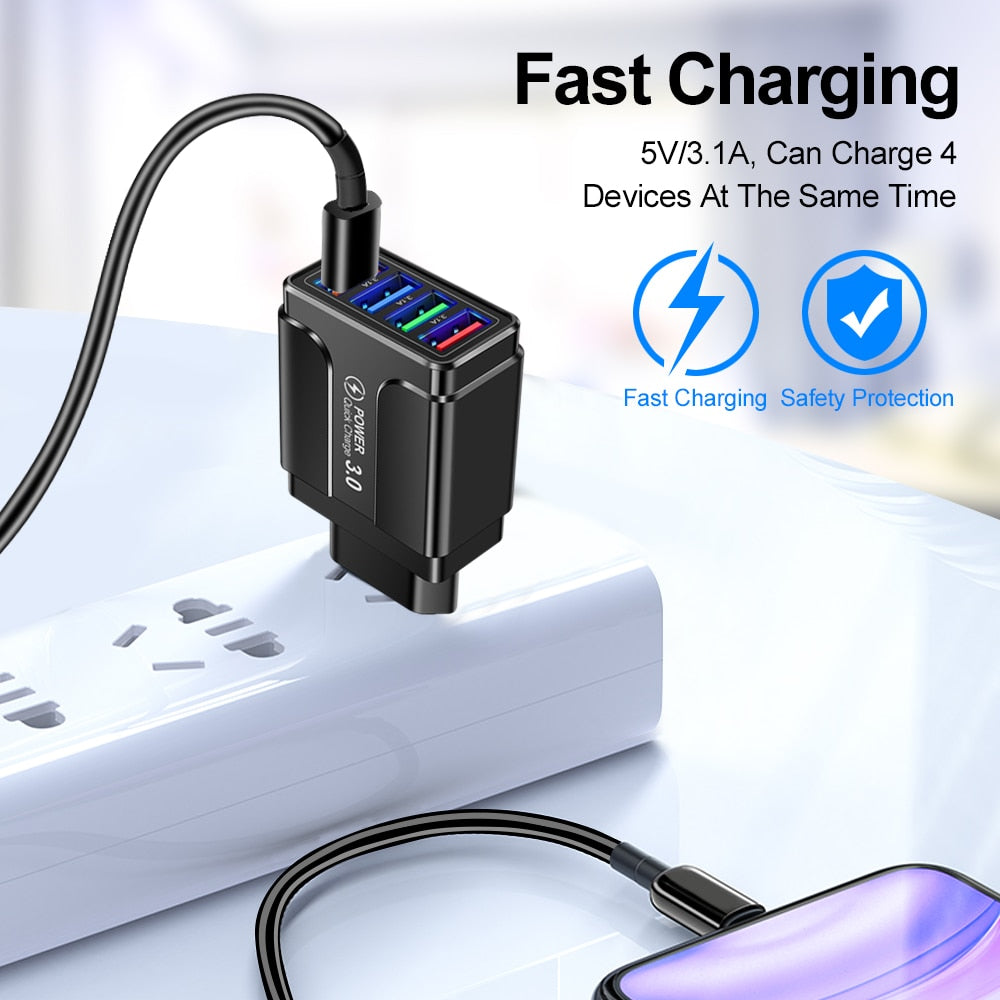 Fast 4 USB Charger Quick Charge 3.0 Fast USB Wall Charger Portable Mobile Charger QC 3.0 Adapter for Xiaomi iPhone X EU US Plug