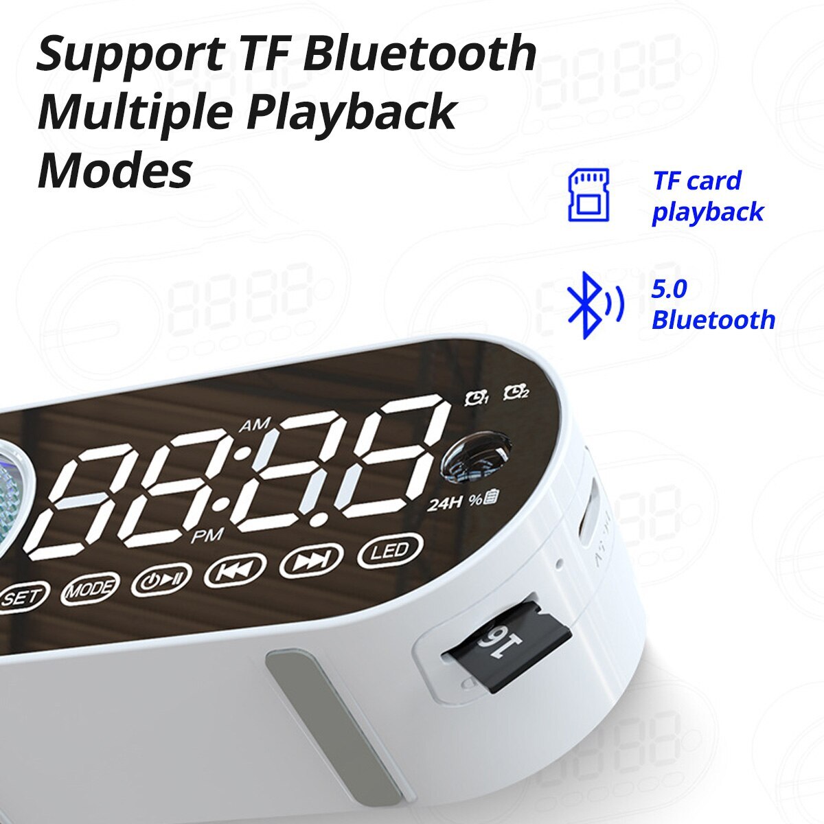 Quiet Wireless Bluetooth Speaker Alarm Clock RGB TWS USB LED Mirror Digital Clock FM Large Display Living Room Office Decoration