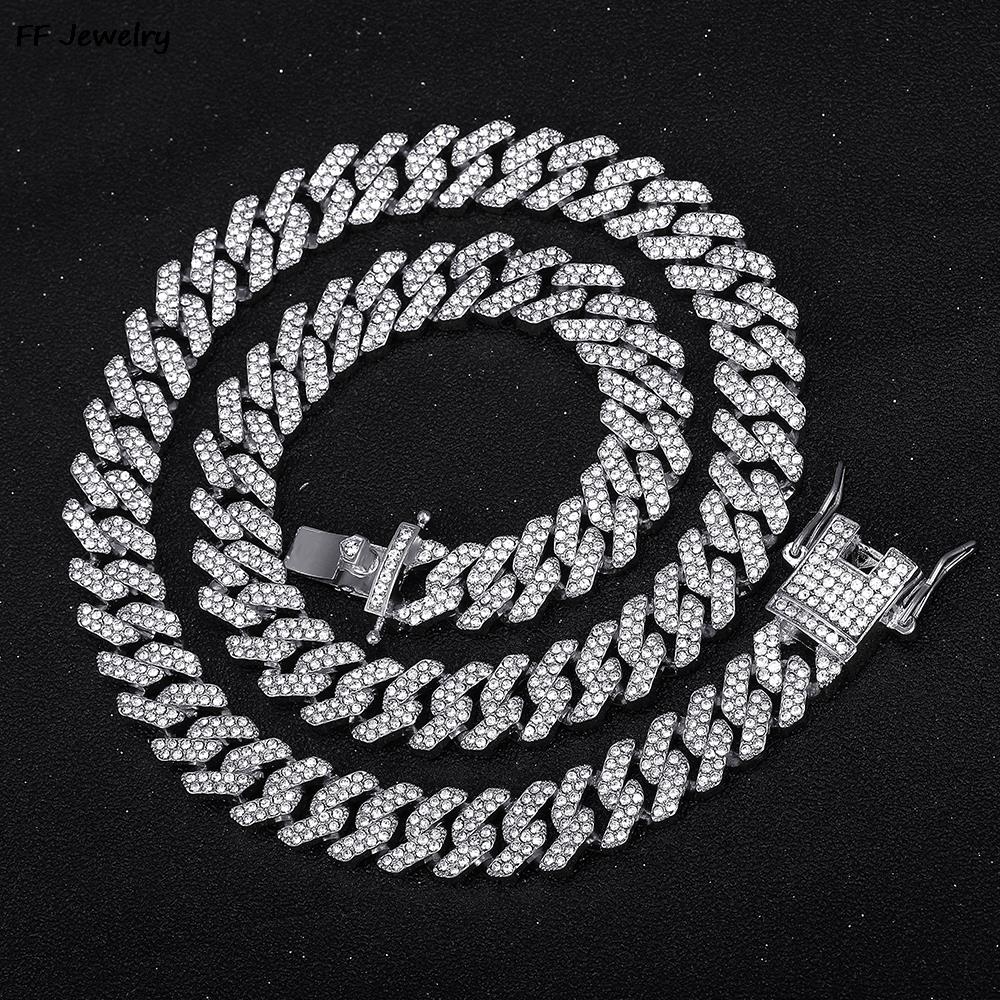 Men Women Hip hop Iced Out Bling Prong Cuban Chain Necklace 12mm Paved Rhinestone Link Chain Choker Necklace Fashion Jewelry