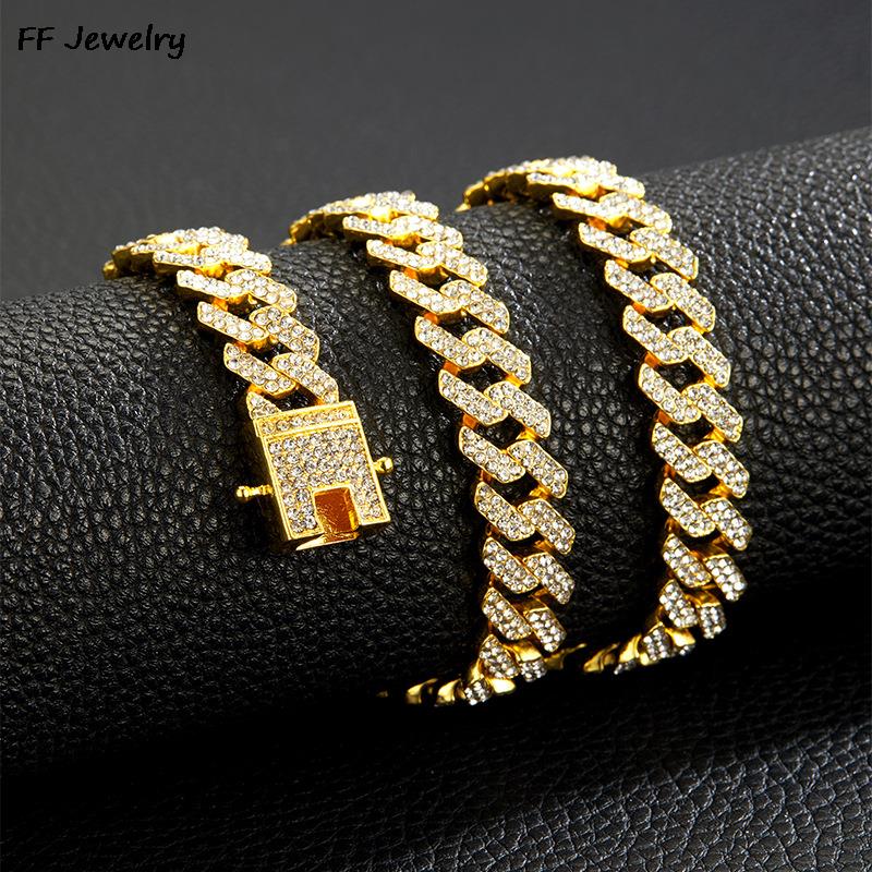 Men Women Hip hop Iced Out Bling Prong Cuban Chain Necklace 12mm Paved Rhinestone Link Chain Choker Necklace Fashion Jewelry