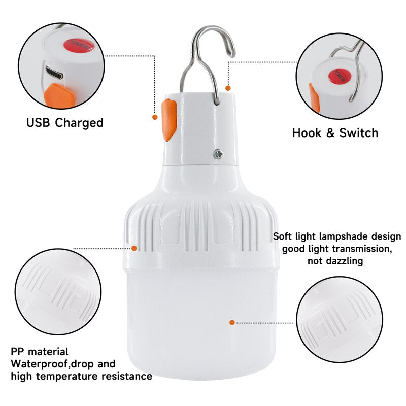 Outdoor USB Rechargeable LED Lamp Bulbs 60W Emergency Light Hook Up Camping Fishing Portable Lantern Night Lights