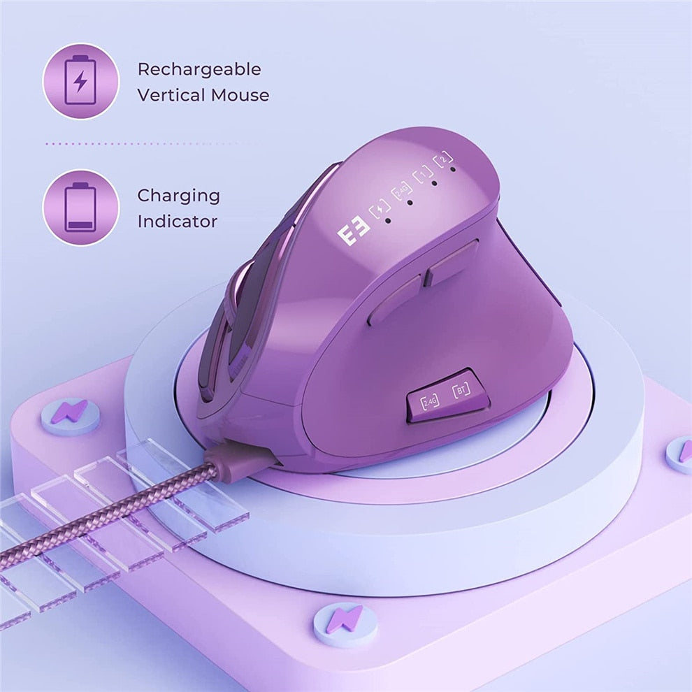Purple Wireless Vertical Mouse Bluetooth Rechargeable Ergonomic Mice for Apple Mac Windows Laptop Tablet 2400 DPI Gaming Mouse