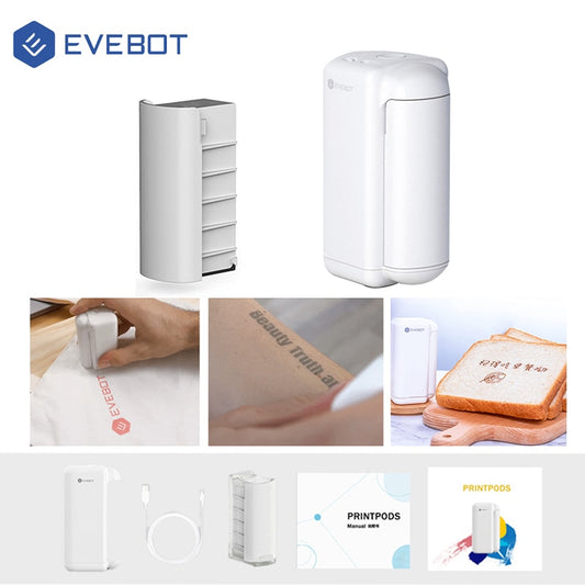 EVEBOT Printpods Handheld Mini Printer Small Portable Creative Smart Inkjet Tattoo Machine Card Label Bread Coffee Clothes Logo
