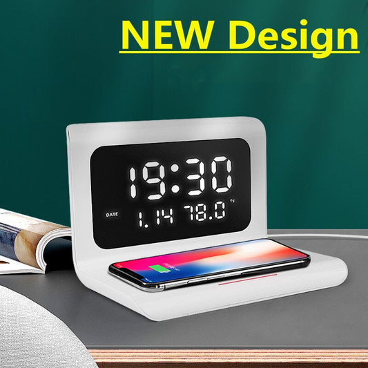 15W Wireless Charger Pad Stand with Alarm Clock Thermometer for iPhone 14 13 12 11 X Samsung Xiaomi Phone Fast Charging Station
