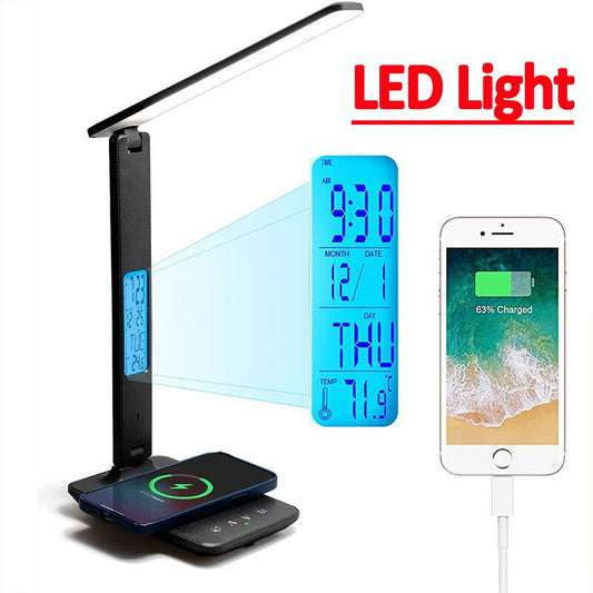 Wireless Charger Pad LED Desk Lamp Temperature Alarm Clock Eye Protect Study Business Light Table Lamp 10W Fast Charging Station